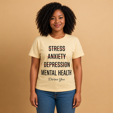 Model wearing the beige Divine You Mental Health Awareness Tee